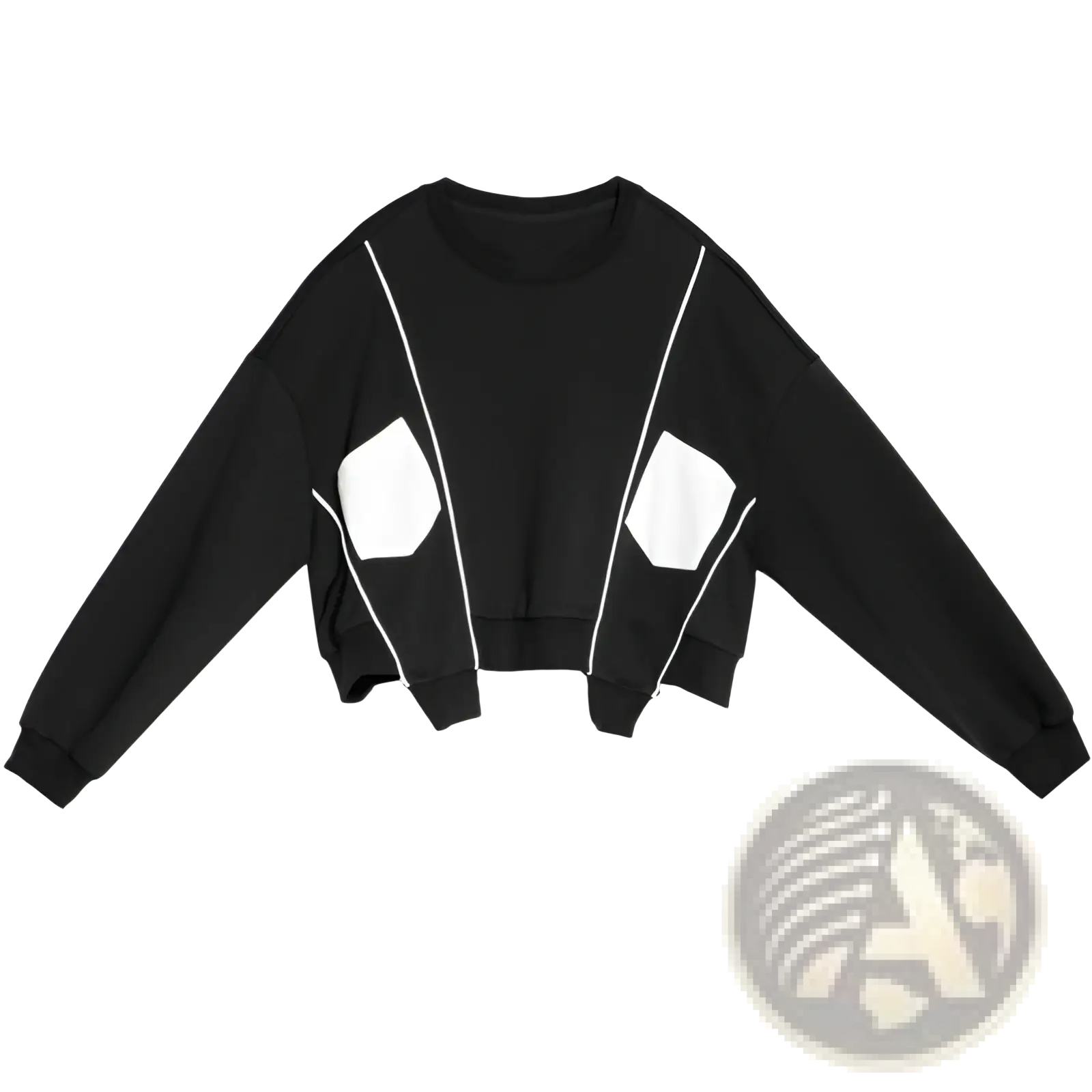 Black cropped sweatshirt with white geometric panels and contrasting stitching in patchwork irregular hoodie design for women