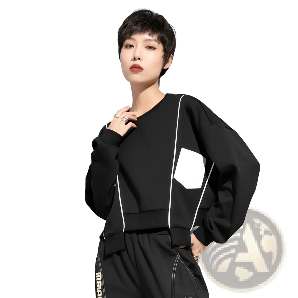 Black oversized hoodie pullover with white geometric panel and piping details in womens clothing patchwork style