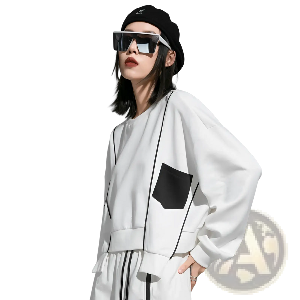 White oversized hoodie pullover with black contrast stitching and a single patch pocket for womens clothing