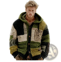 Patchwork knit zip hoodie in chunky wool with earthy green brown and black patchwork design