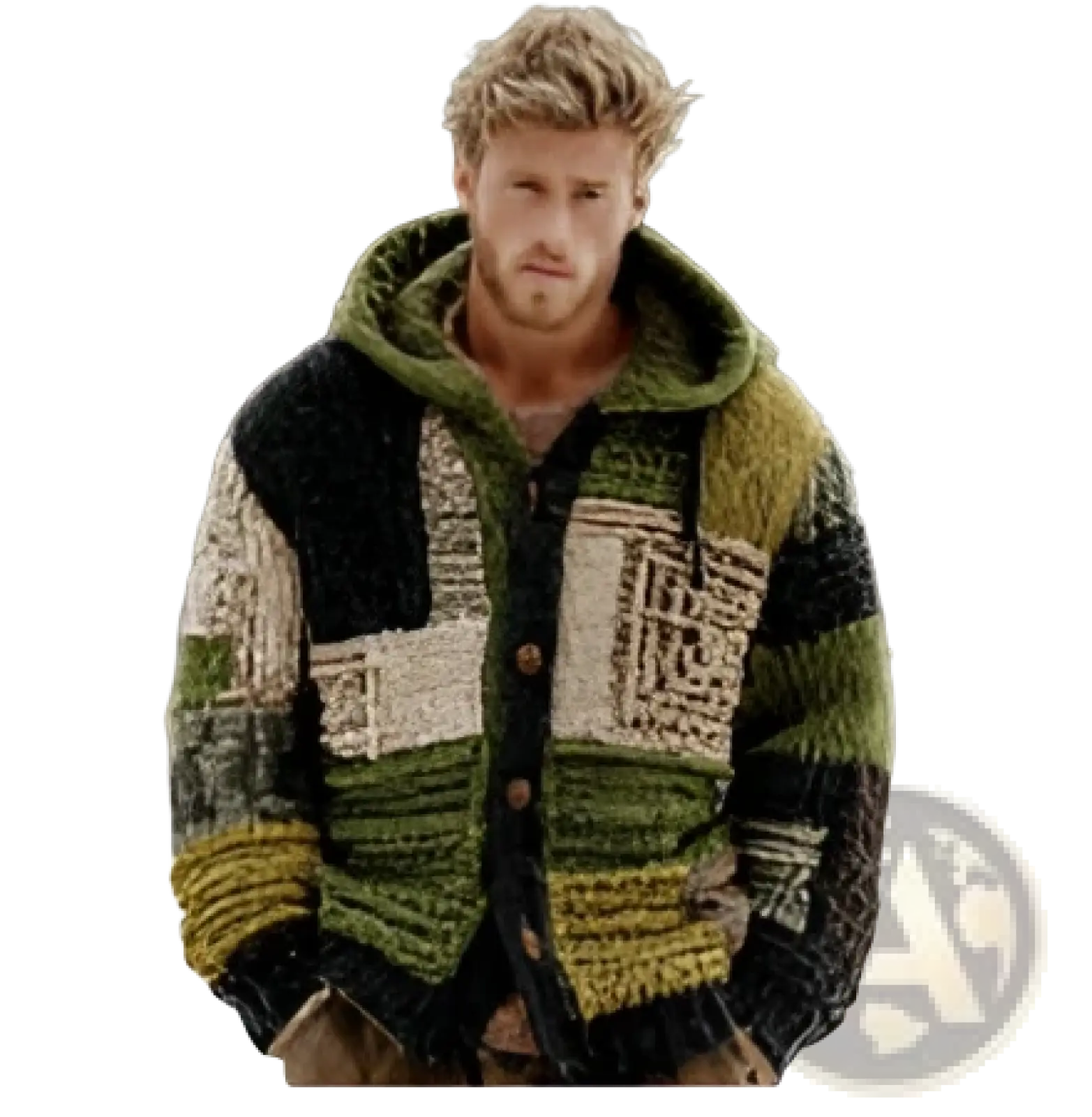 Patchwork knit zip hoodie in chunky wool with earthy green brown and black patchwork design