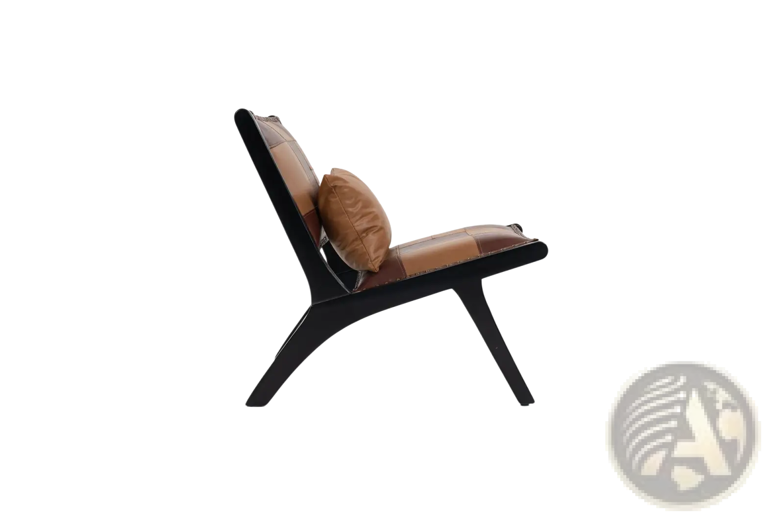 A sleek patchwork leather accent chair with tan seat and backrest and black wood frame with matching cushion
