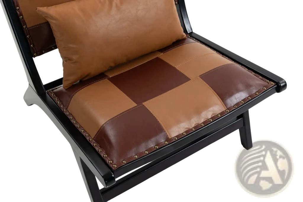 Patchwork leather accent chair with black wood frame featuring brown leather patchwork and matching cushion panels