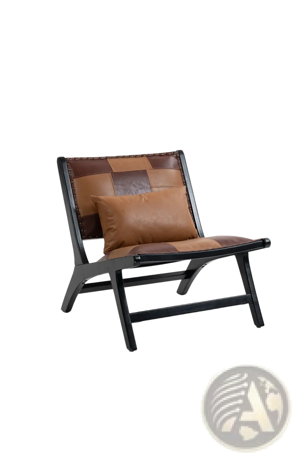 Brown patchwork leather accent chair with black wood frame featuring a stylish and durable design