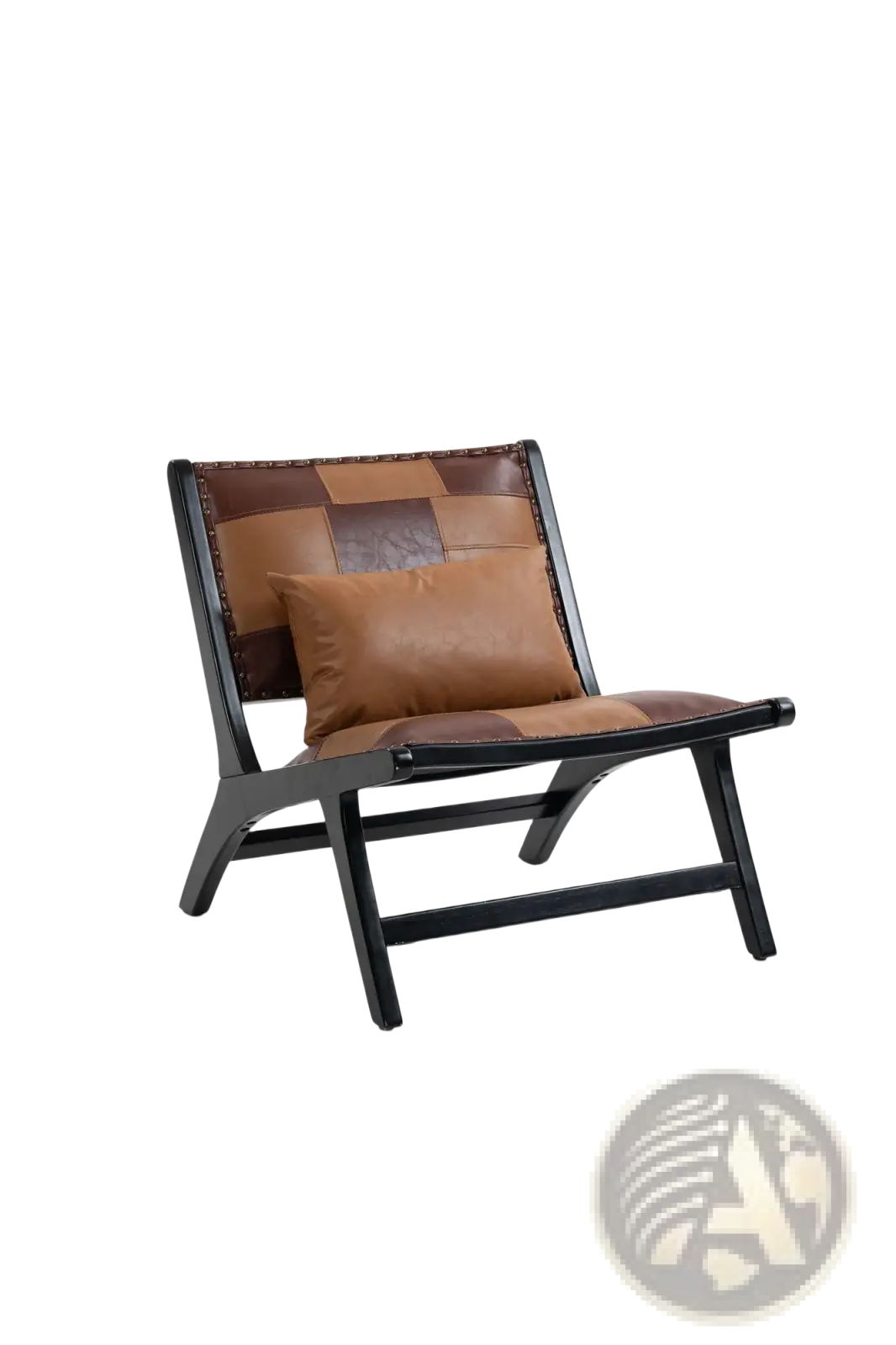 Brown patchwork leather accent chair with black wood frame featuring a stylish and durable design