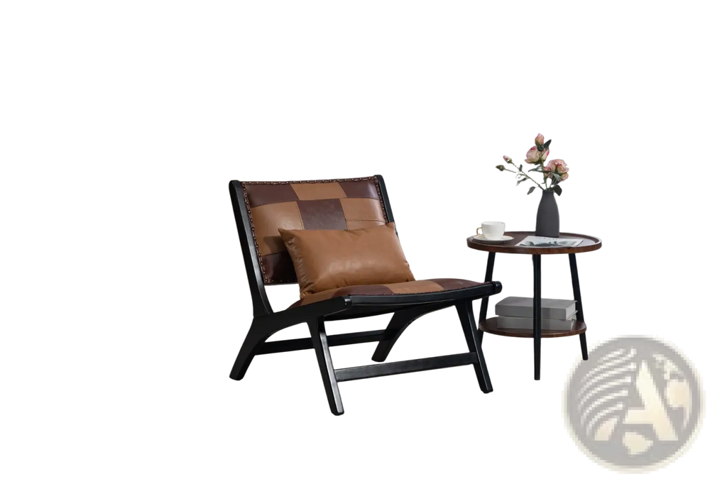 Brown leather patchwork lounge chair with black wooden frame designed as a stylish accent chair