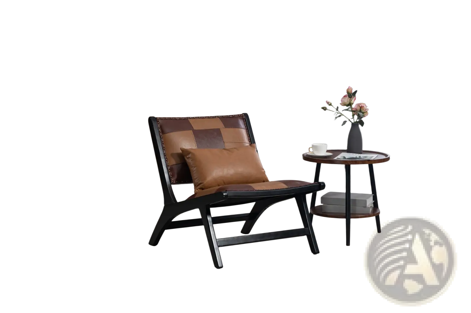 Brown leather patchwork lounge chair with black wooden frame designed as a stylish accent chair