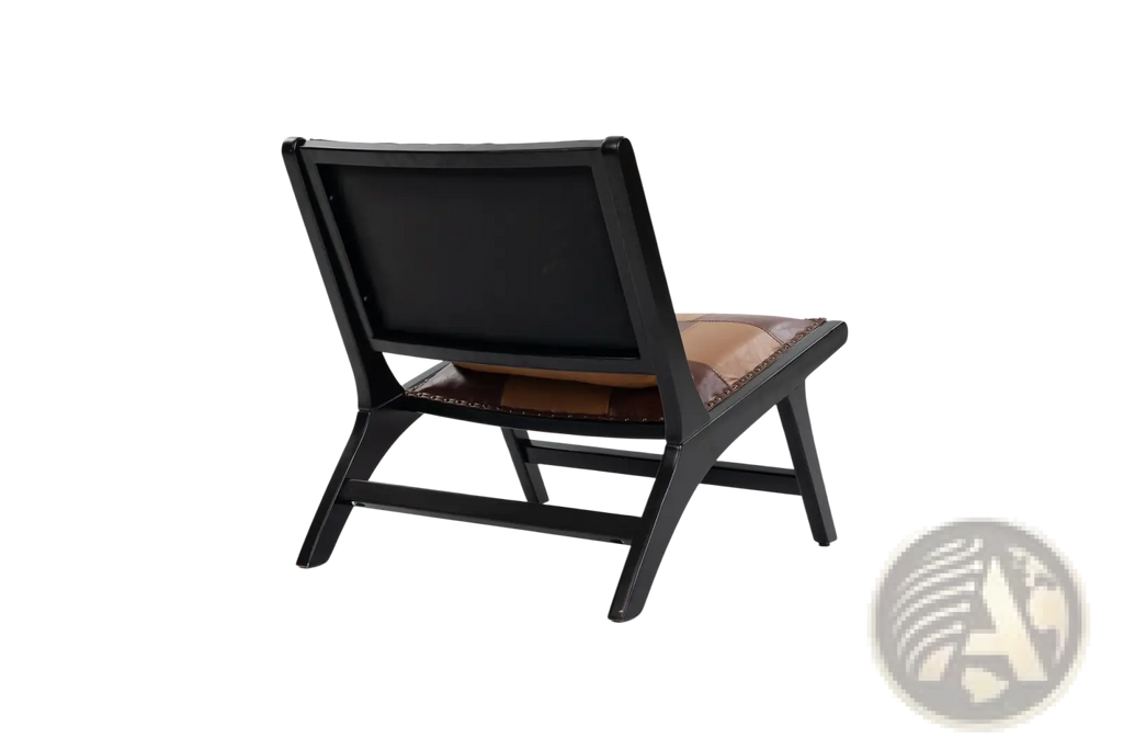 Patchwork leather accent chair with black wood frame and tan leather seat featuring stitched detailing along edges
