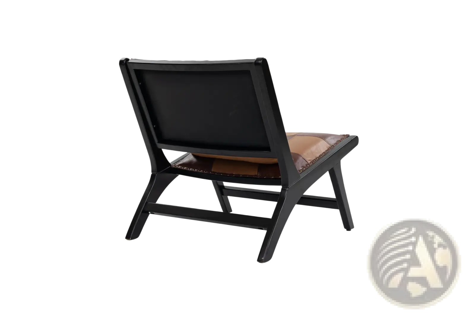 Patchwork leather accent chair with black wood frame and tan leather seat featuring stitched detailing along edges