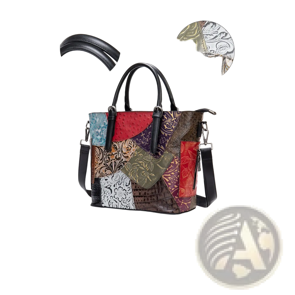 Patchwork leather women’s messenger shoulder bag with mixed leather textures and patterns in red brown green purple and black