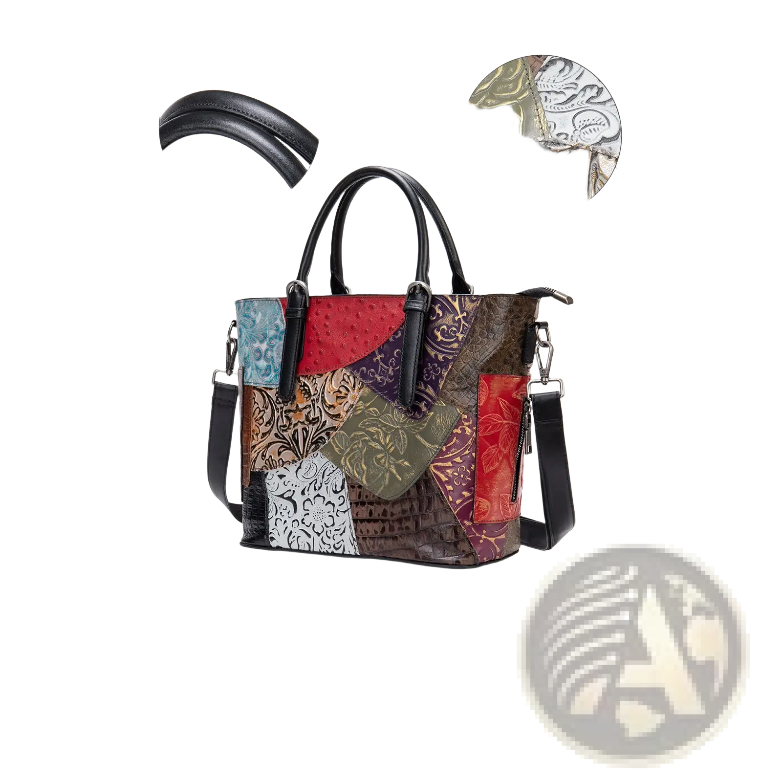 Patchwork leather women’s messenger shoulder bag with mixed leather textures and patterns in red brown green purple and black