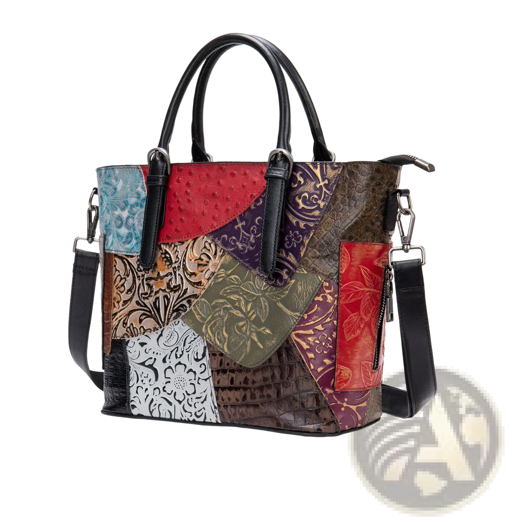 A vibrant patchwork leather women’s messenger shoulder bag with red, purple, green, and brown floral embossed panels