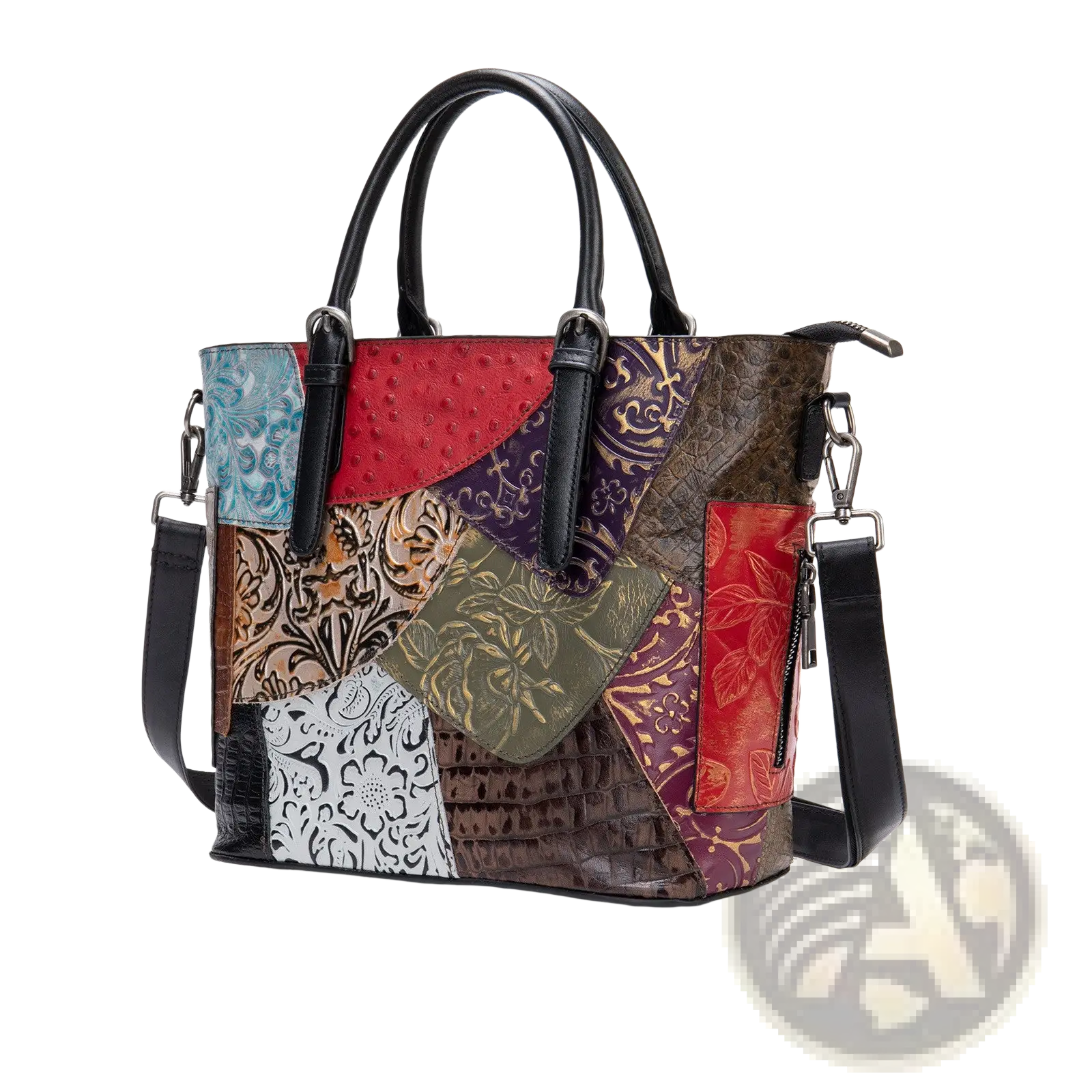 A vibrant patchwork leather women’s messenger shoulder bag with red, purple, green, and brown floral embossed panels