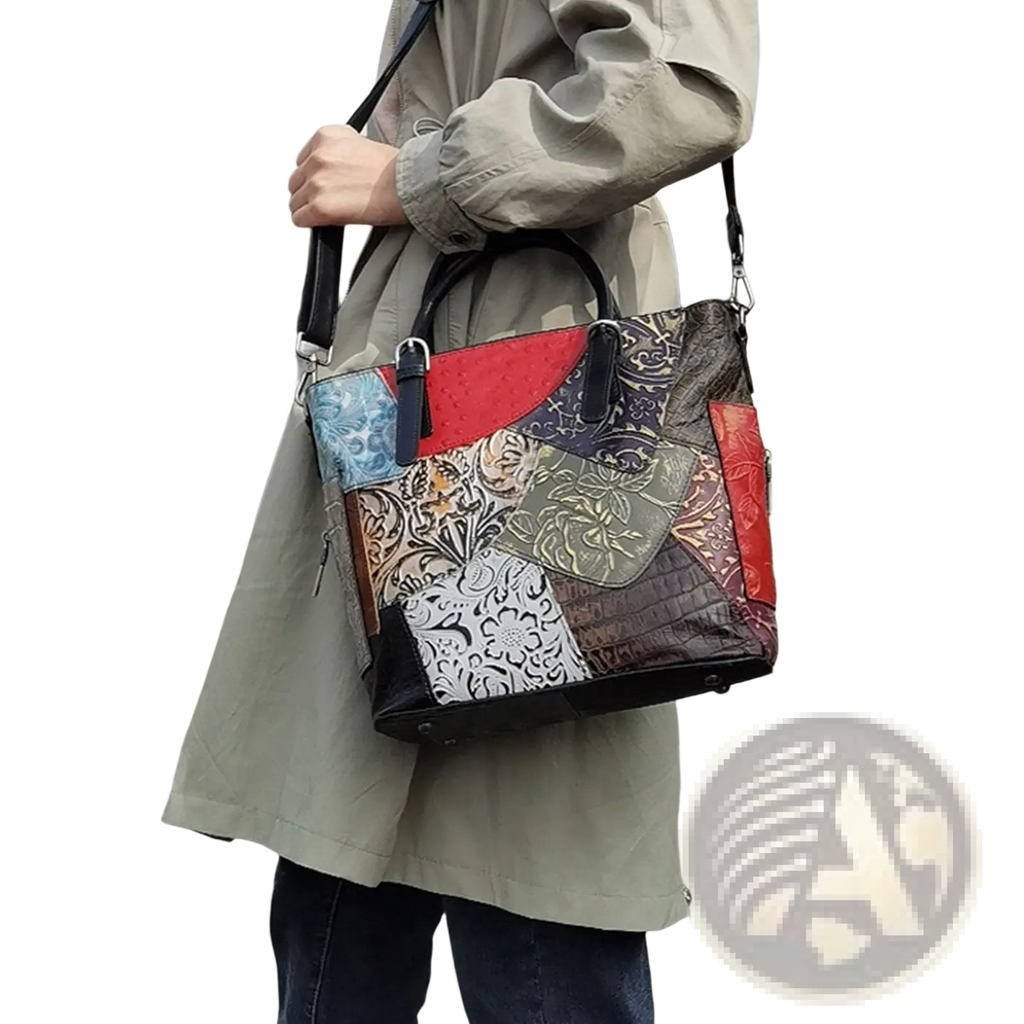 Patchwork leather womens messenger shoulder bag with vibrant red blue and black floral patterned sections