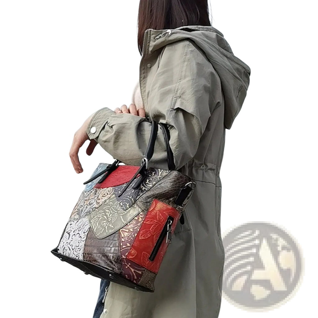Patchwork leather women’s messenger shoulder bag featuring red silver and brown floral-patterned panels in tote style