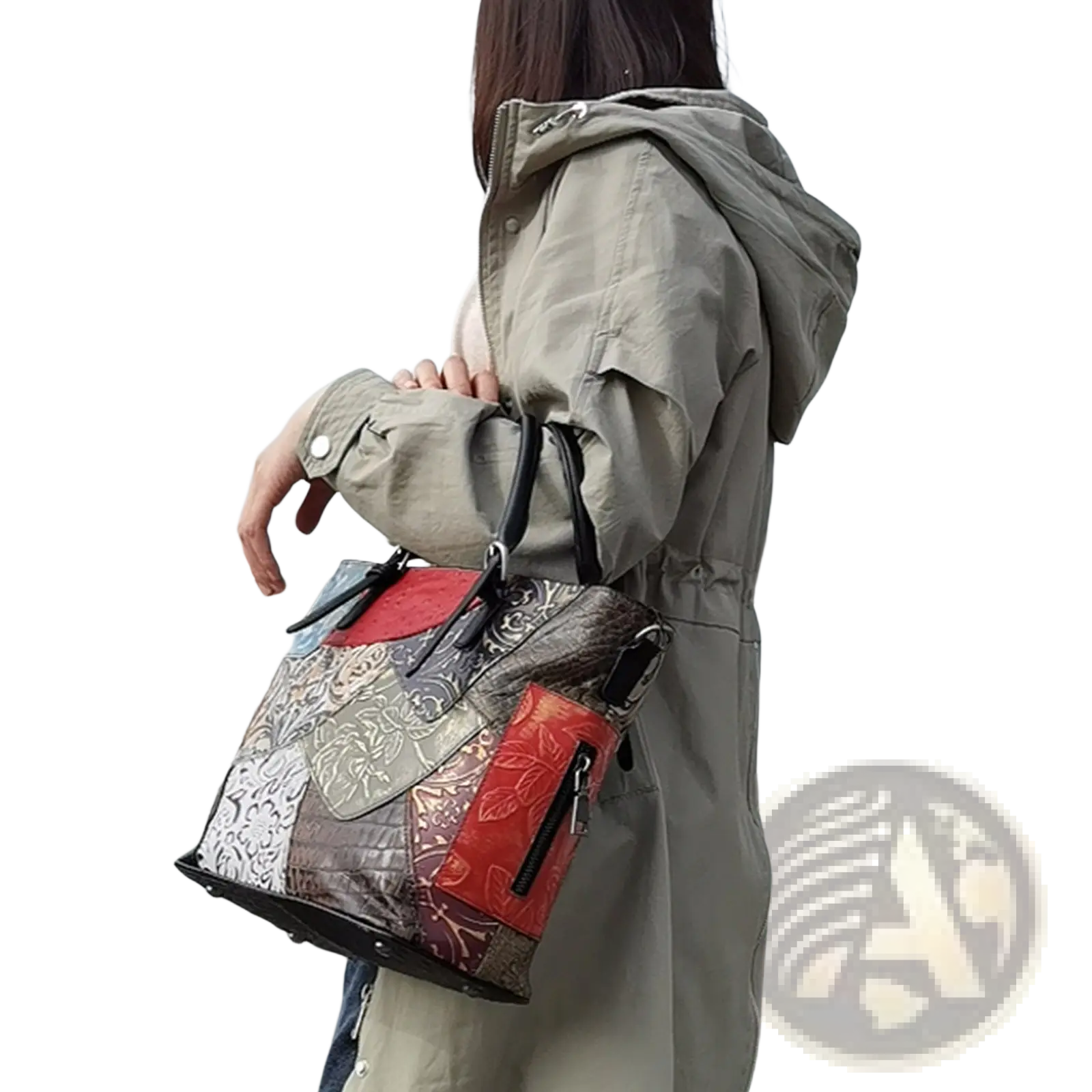 Patchwork leather women’s messenger shoulder bag featuring red silver and brown floral-patterned panels in tote style