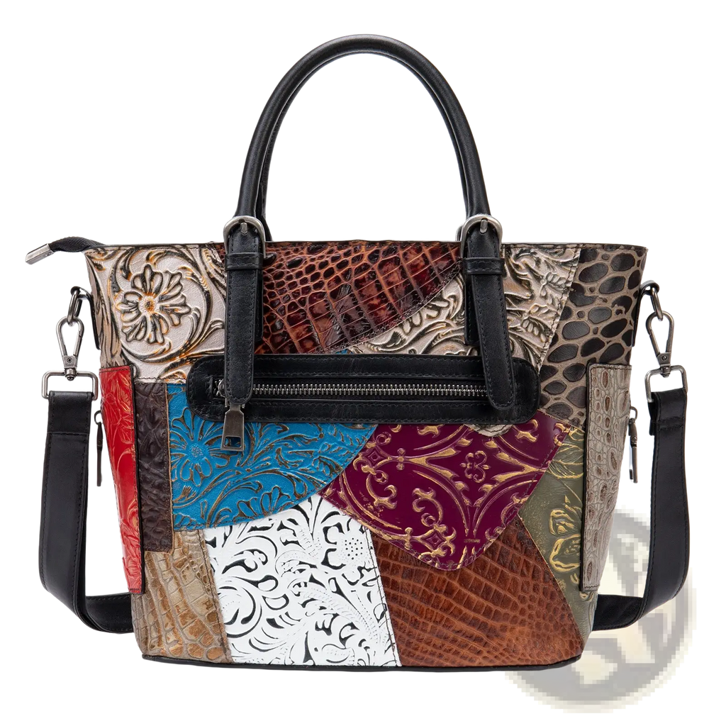 Patchwork leather women’s messenger shoulder bag with embossed floral, crocodile-textured, and solid panels in multiple colors