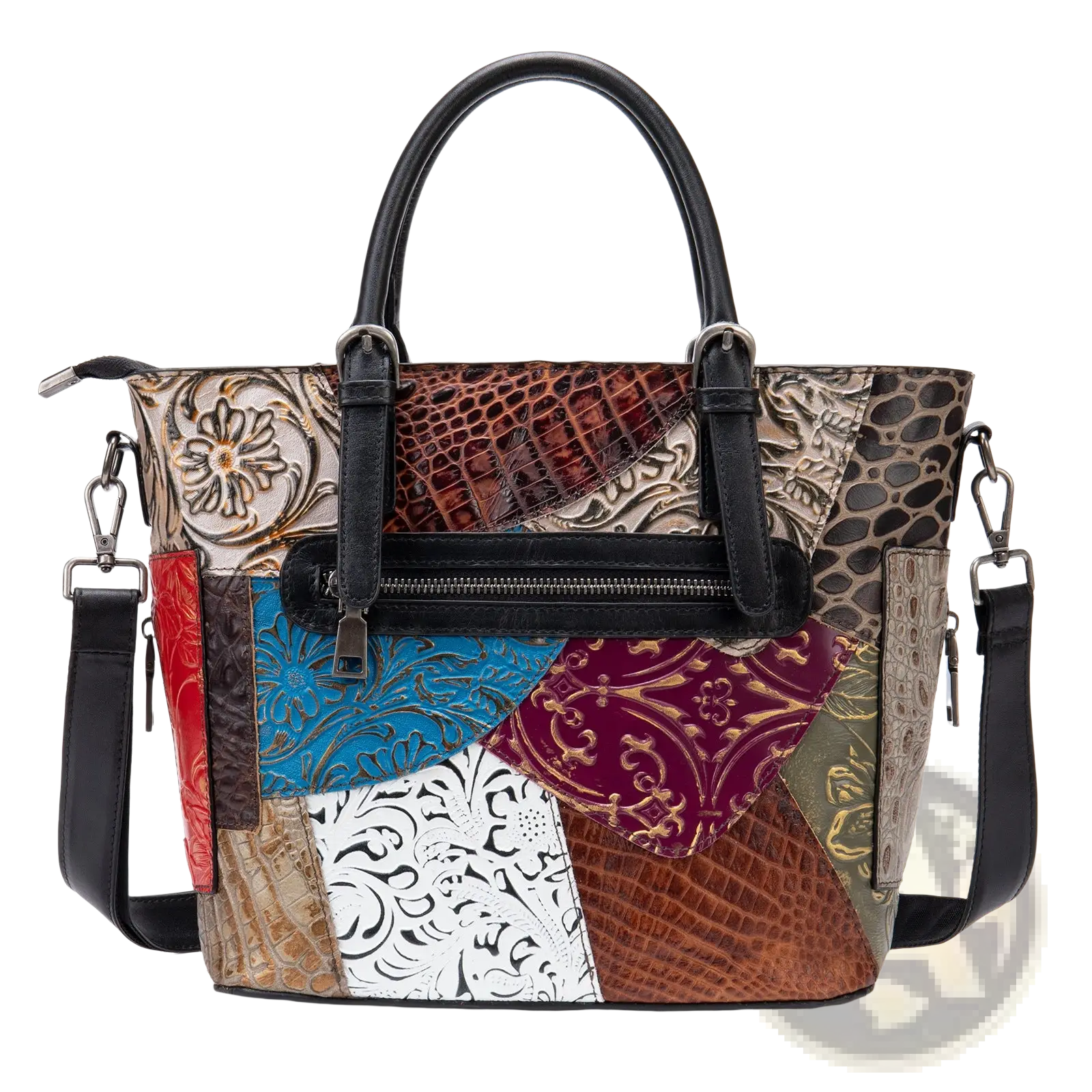 Patchwork leather women’s messenger shoulder bag with embossed floral, crocodile-textured, and solid panels in multiple colors