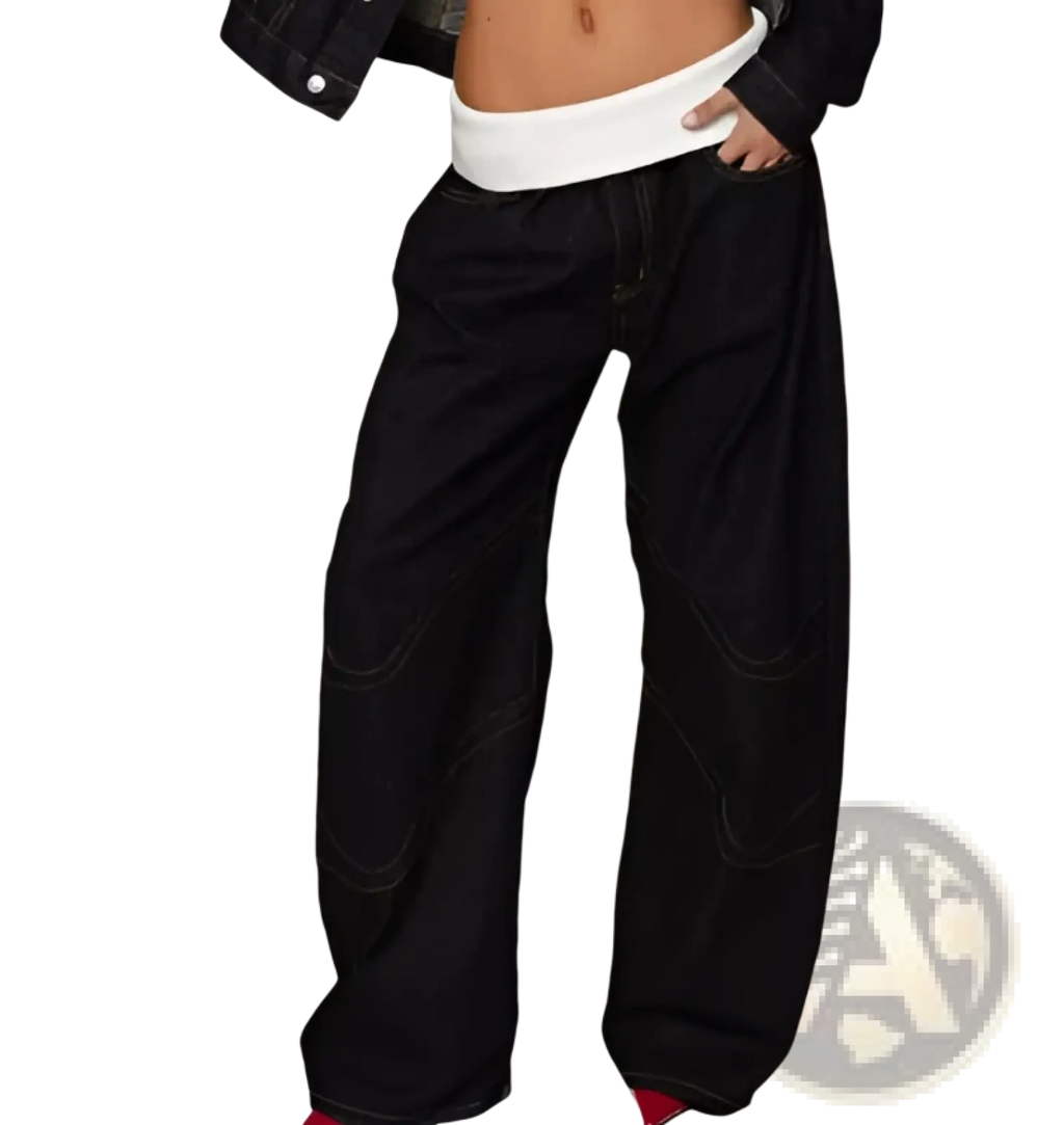Black wide-leg denim jeans with contrasting stitching and relaxed oversized fit casual pants for women