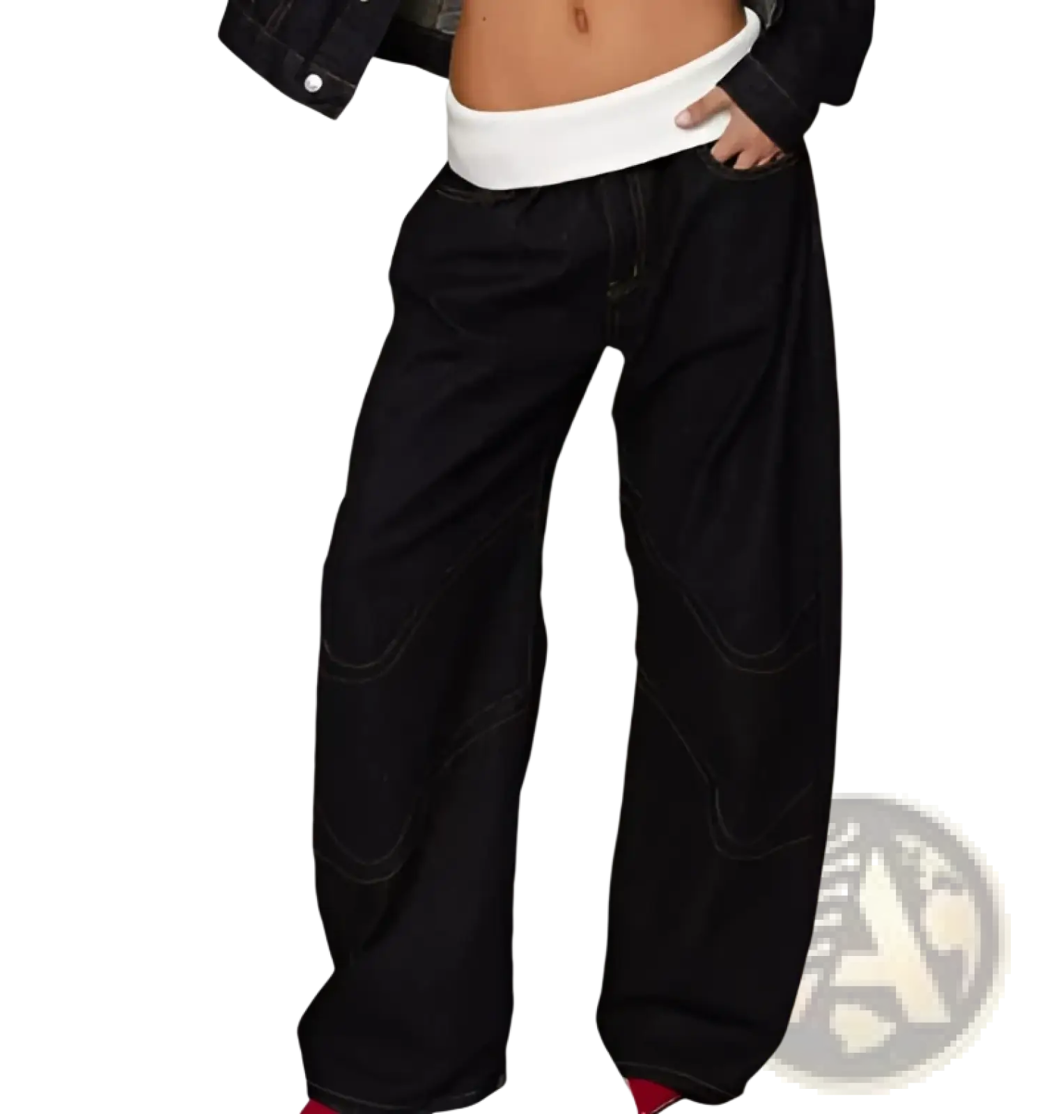 Black wide-leg denim jeans with contrasting stitching and relaxed oversized fit casual pants for women