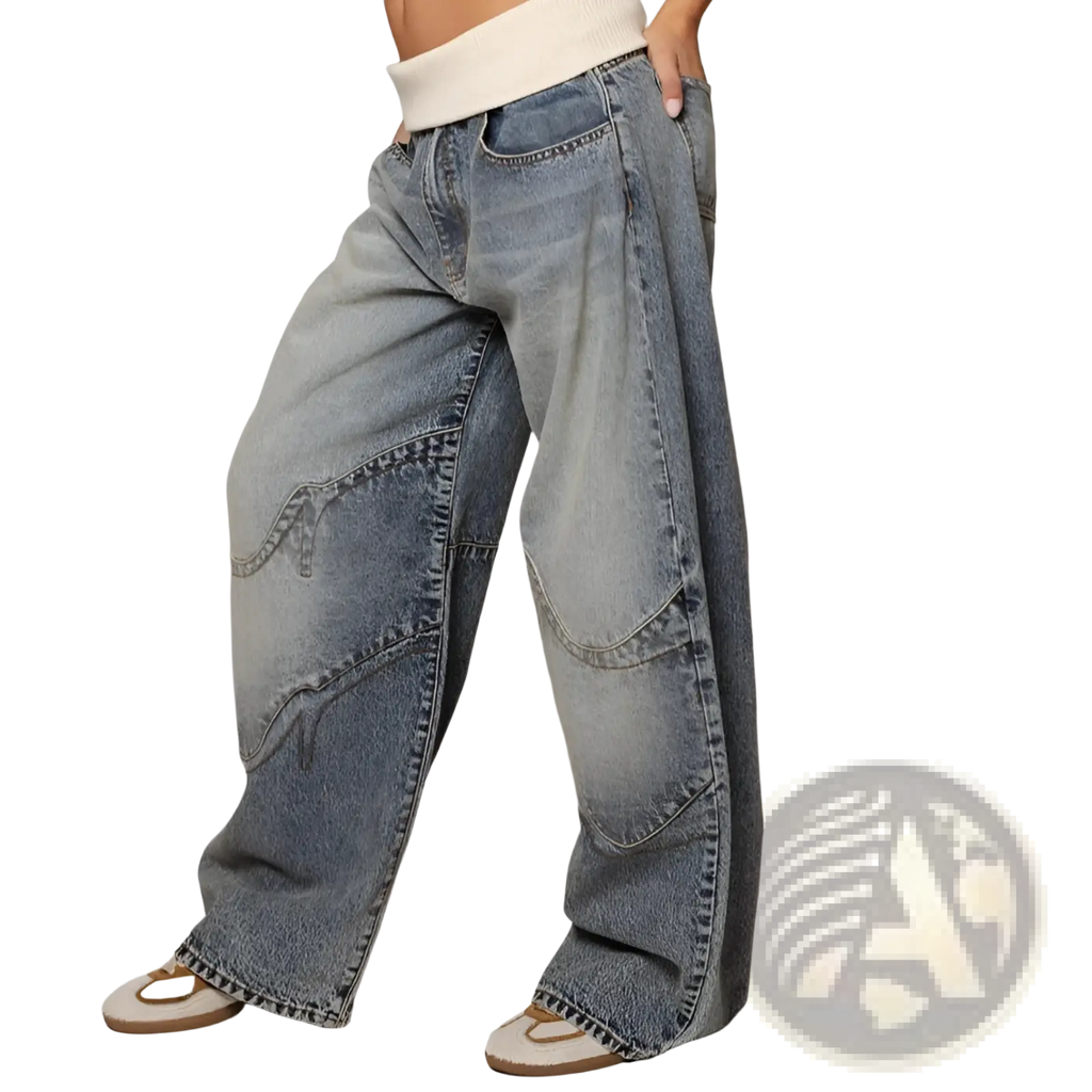 Patchwork straight leg jeans women casual pants in light-wash denim with wide-leg patchwork and reinforced stitching