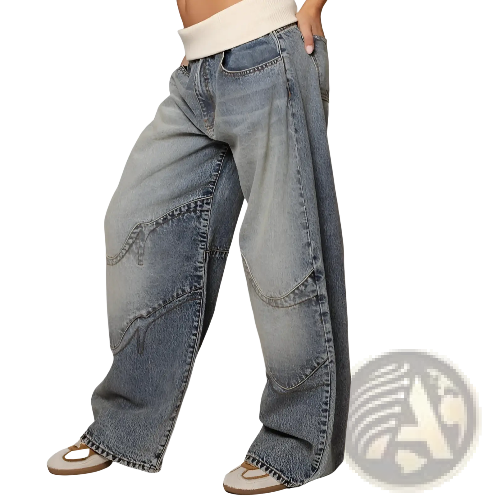 Patchwork straight leg jeans women casual pants in light-wash denim with wide-leg patchwork and reinforced stitching