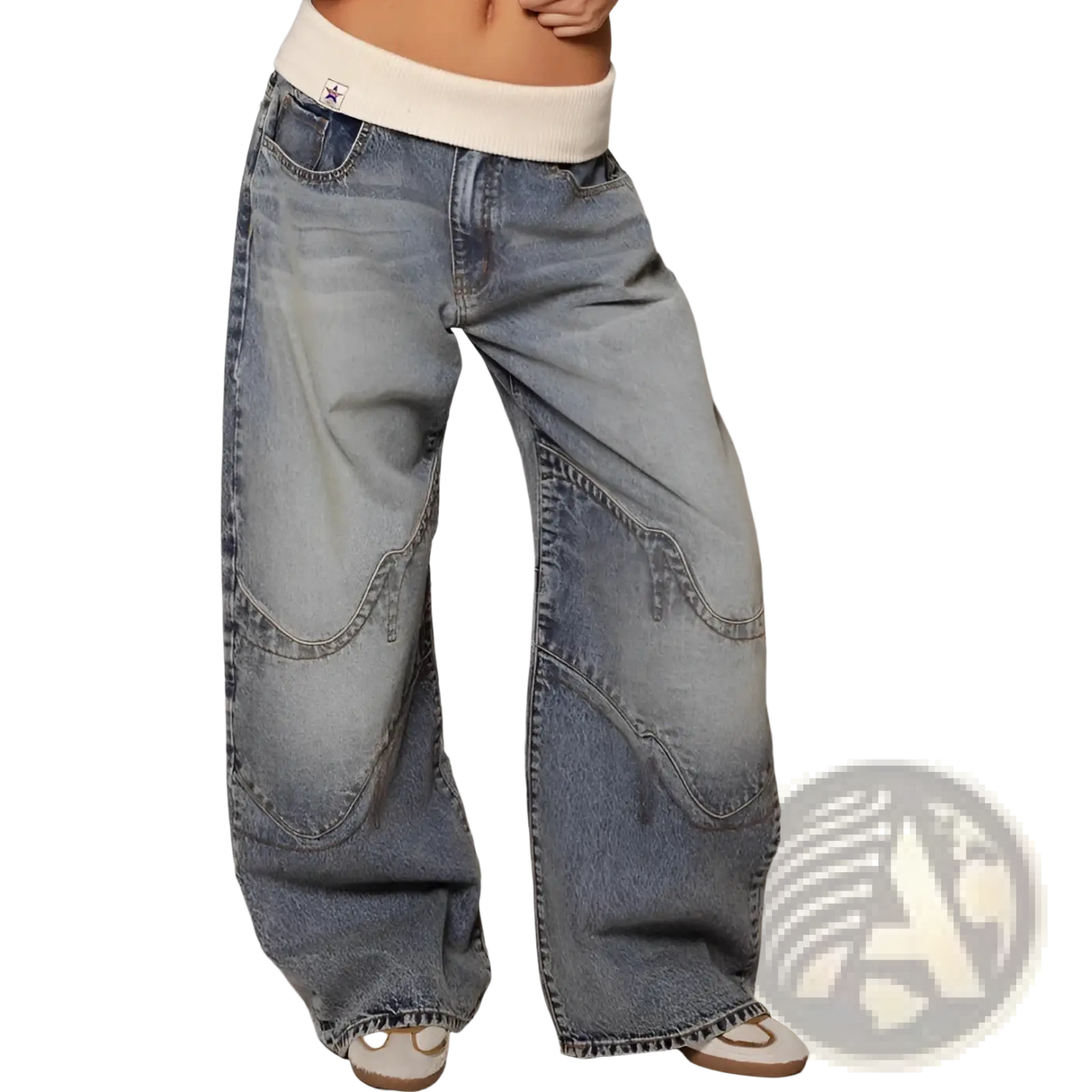 Wide-leg denim jeans with faded blue wash and patchwork design featuring contrasting stitching for casual wear