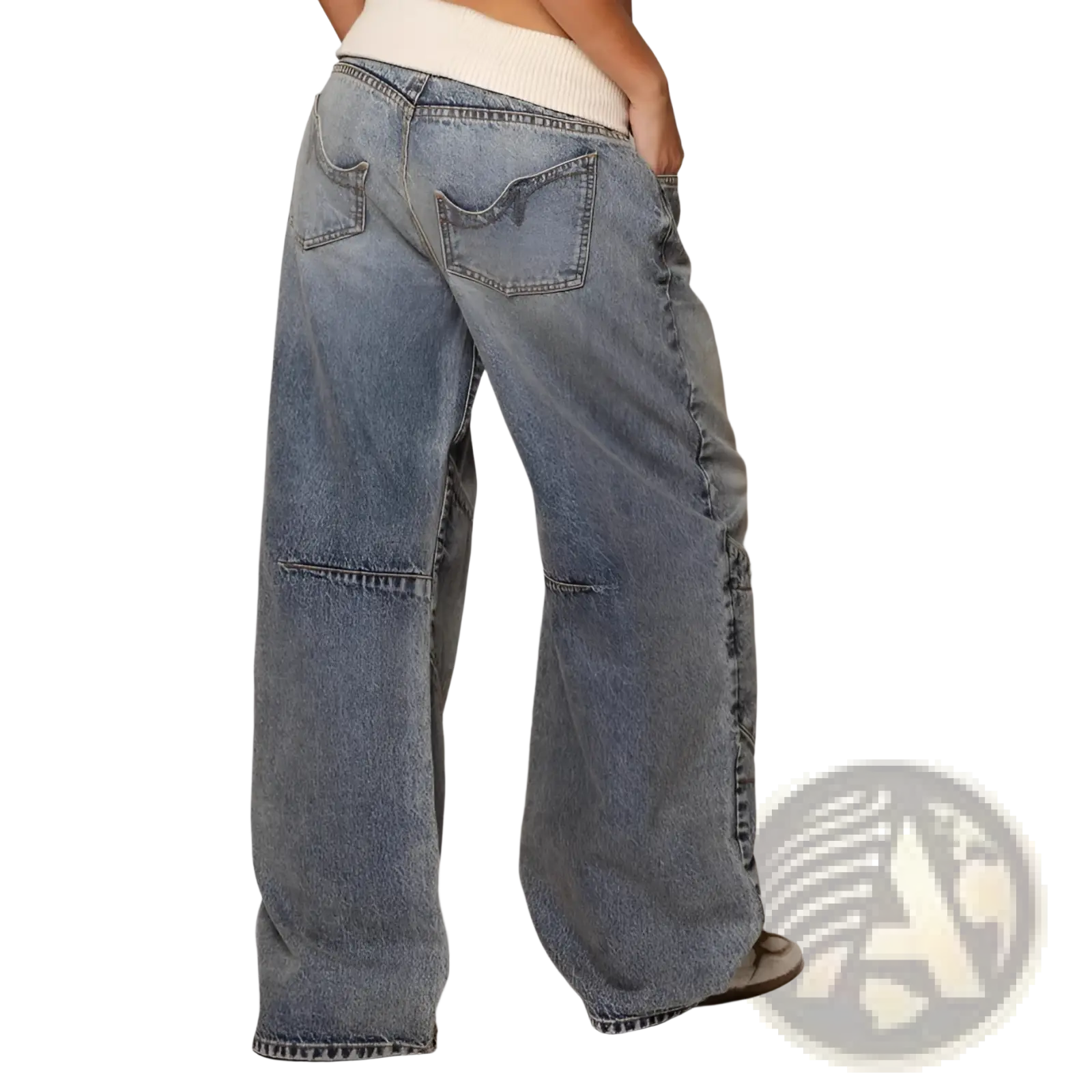 Patchwork straight leg jeans for women in light blue faded denim with visible stitching and wide-leg casual design
