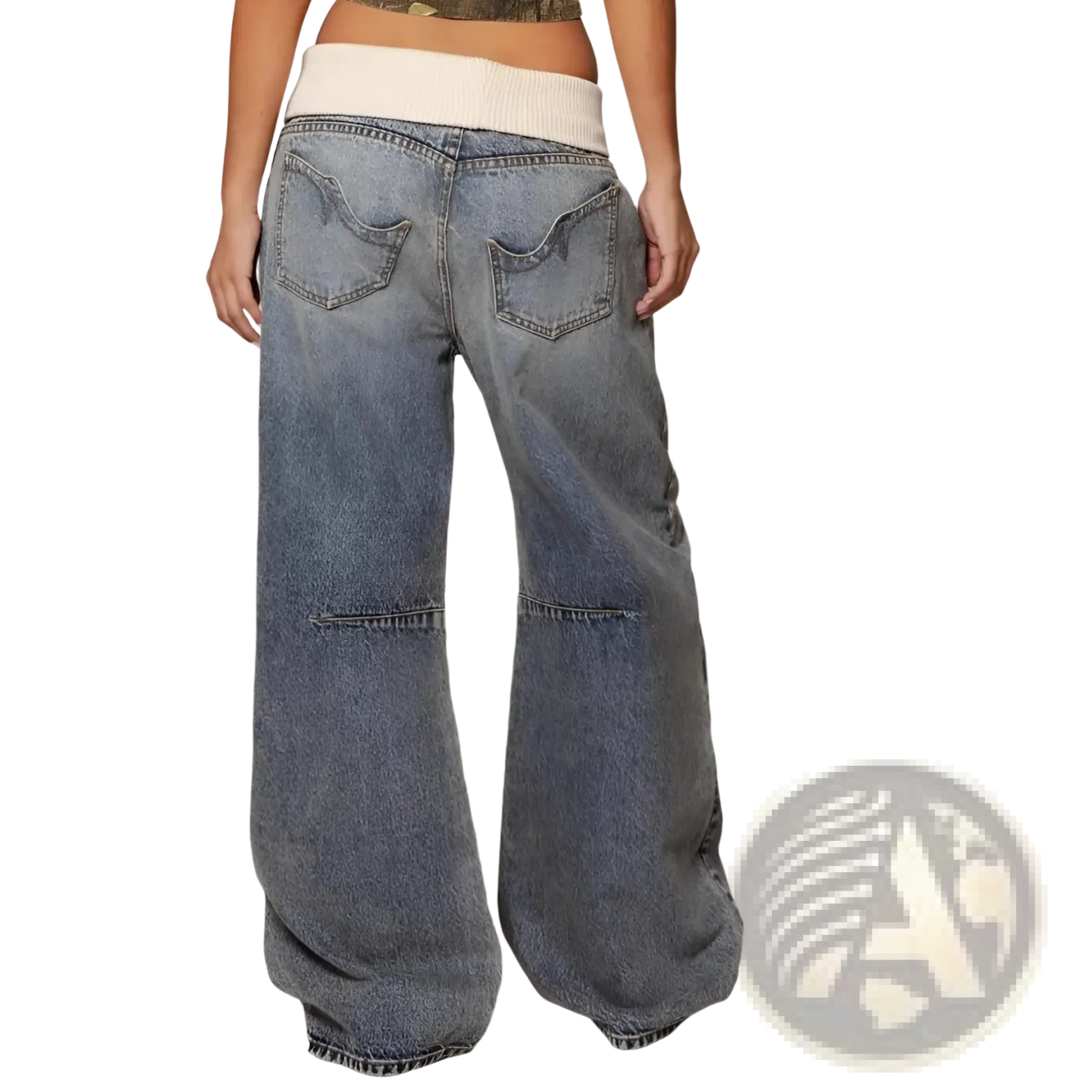 Wide-leg denim jeans with faded blue wash and contrasting cream elastic waistband for casual wear women pants