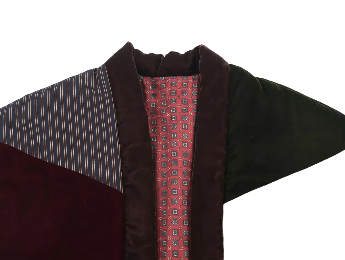 Patchwork velvet winter vest with burgundy velvet collar striped navy gold shoulder and green gray wool sections