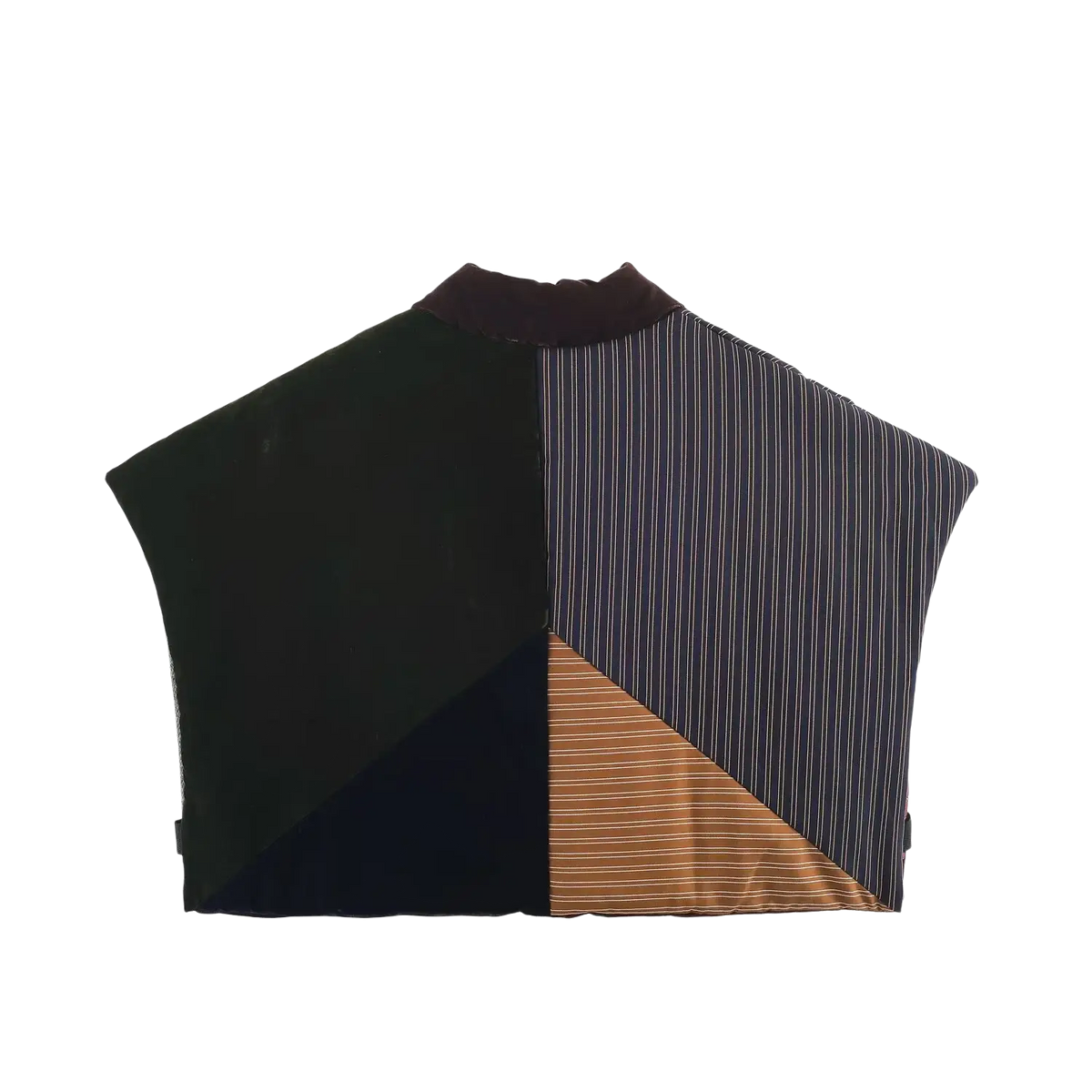 A patchwork velvet winter vest with a sleeveless high collar featuring black navy pinstripes and gold-toned panels