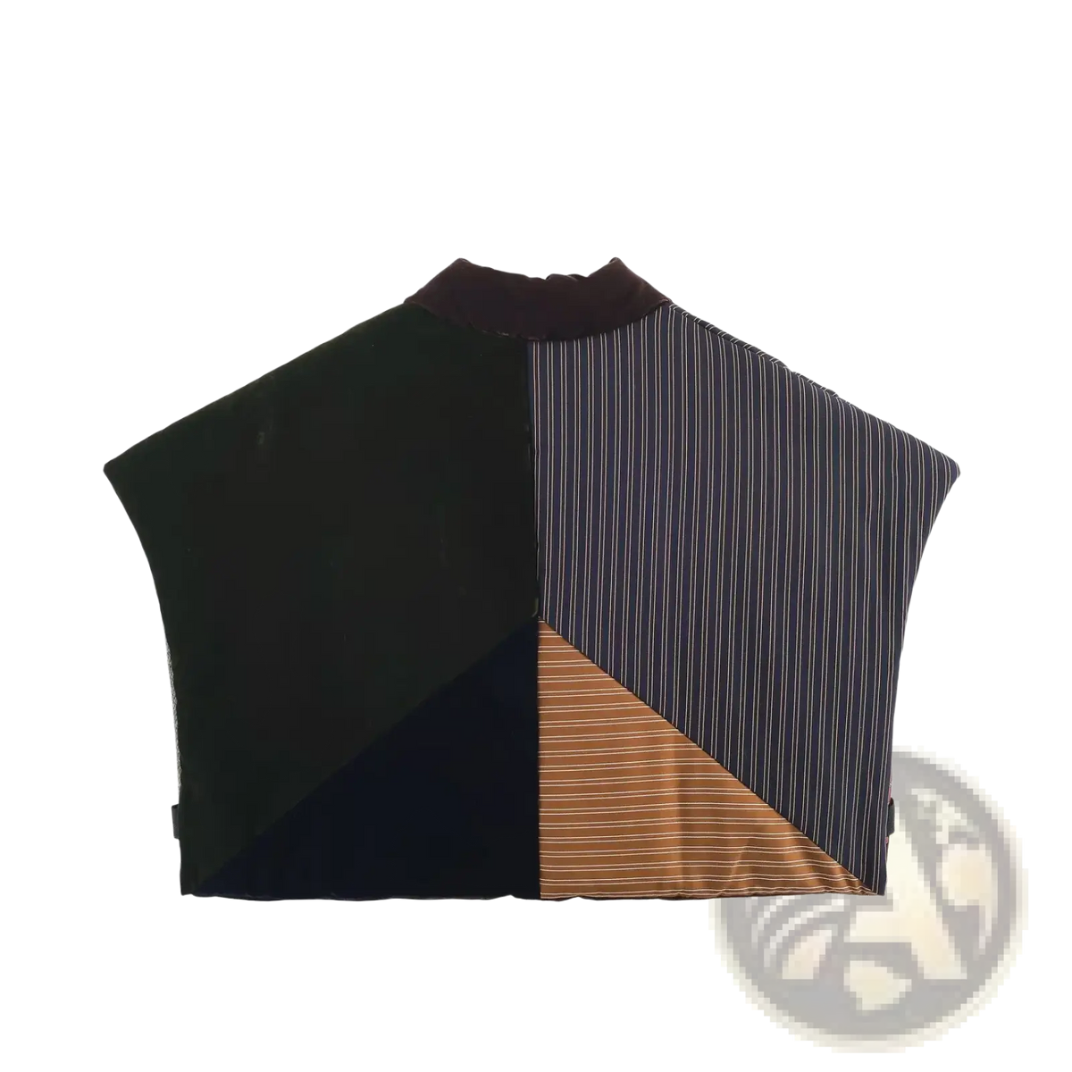 A patchwork velvet winter vest with a sleeveless high collar featuring black navy pinstripes and gold-toned panels