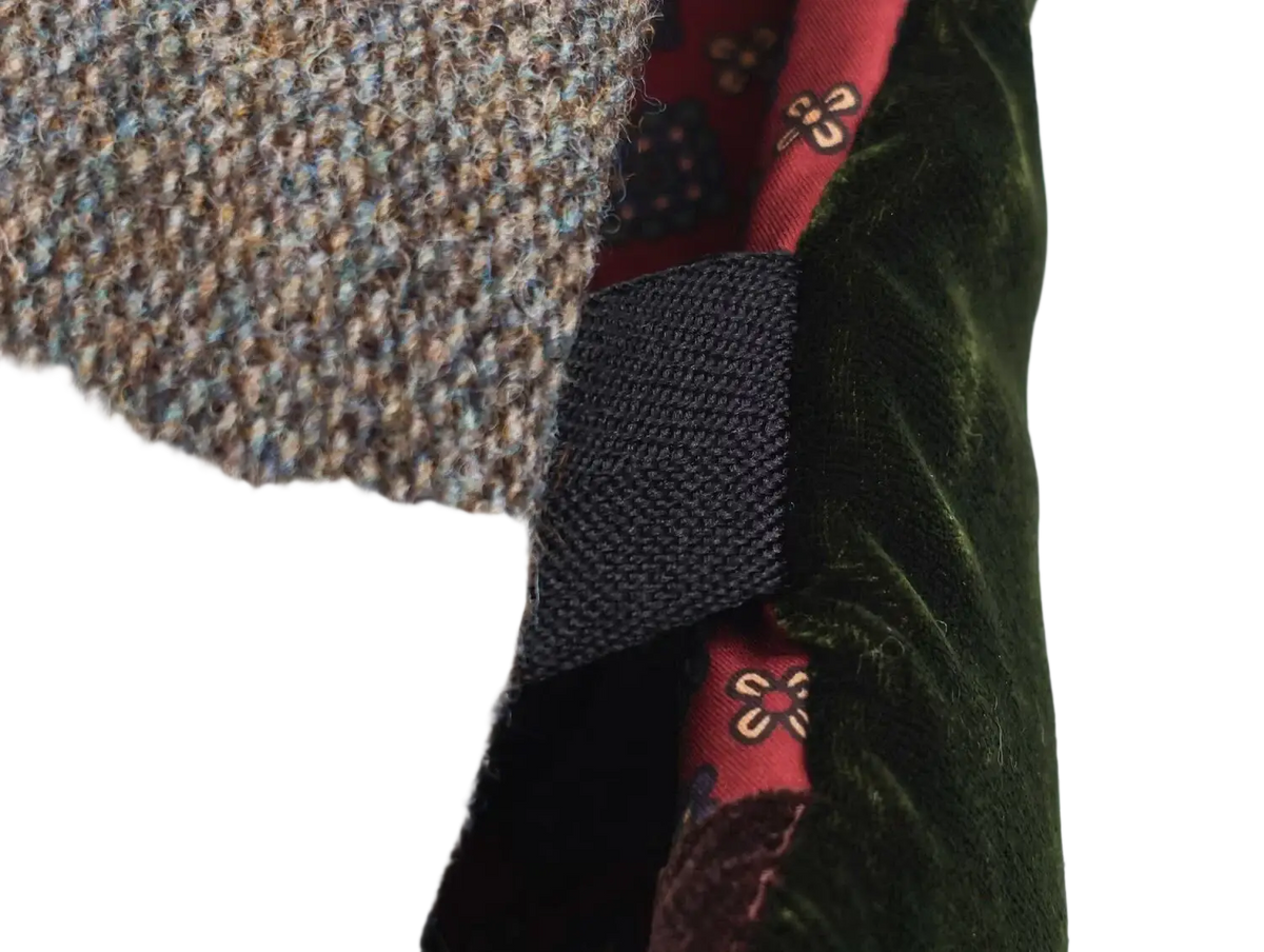Patchwork velvet winter vest featuring textured brown tweed fabric with gray and blue fiber accents