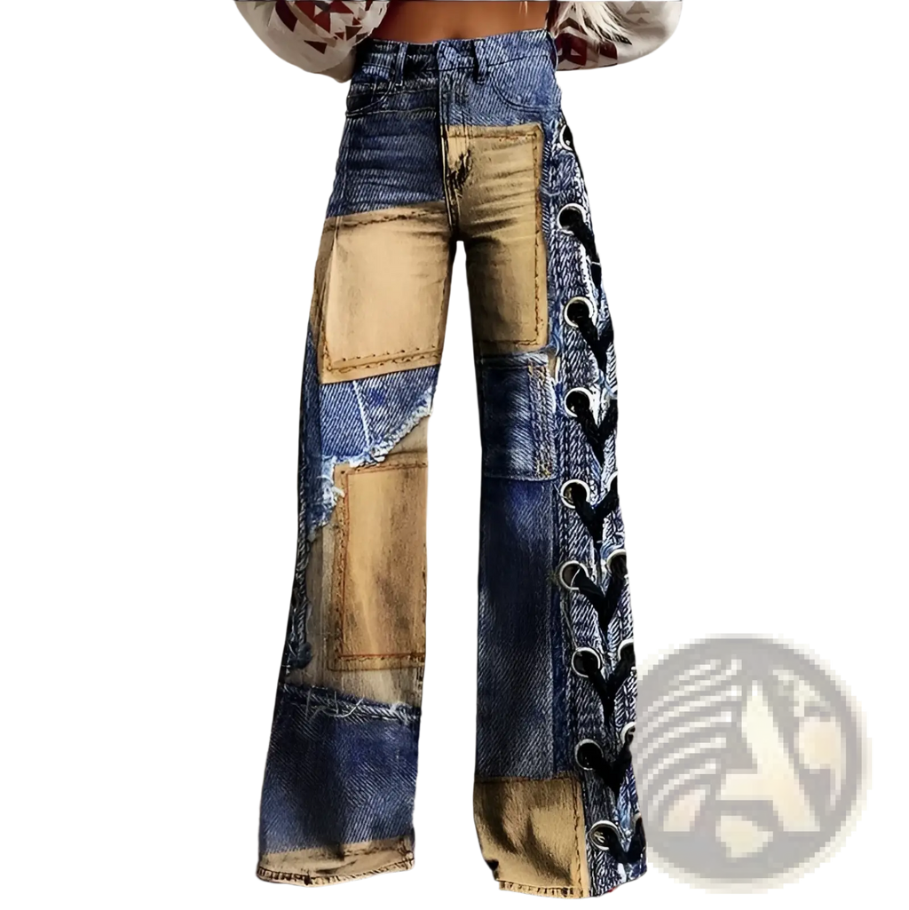 Patchwork wide leg denim pants with varying blue and beige shades and black lace up detailing on the side