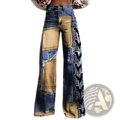 Patchwork wide leg denim pants with varying blue and beige shades and black lace up detailing on the side