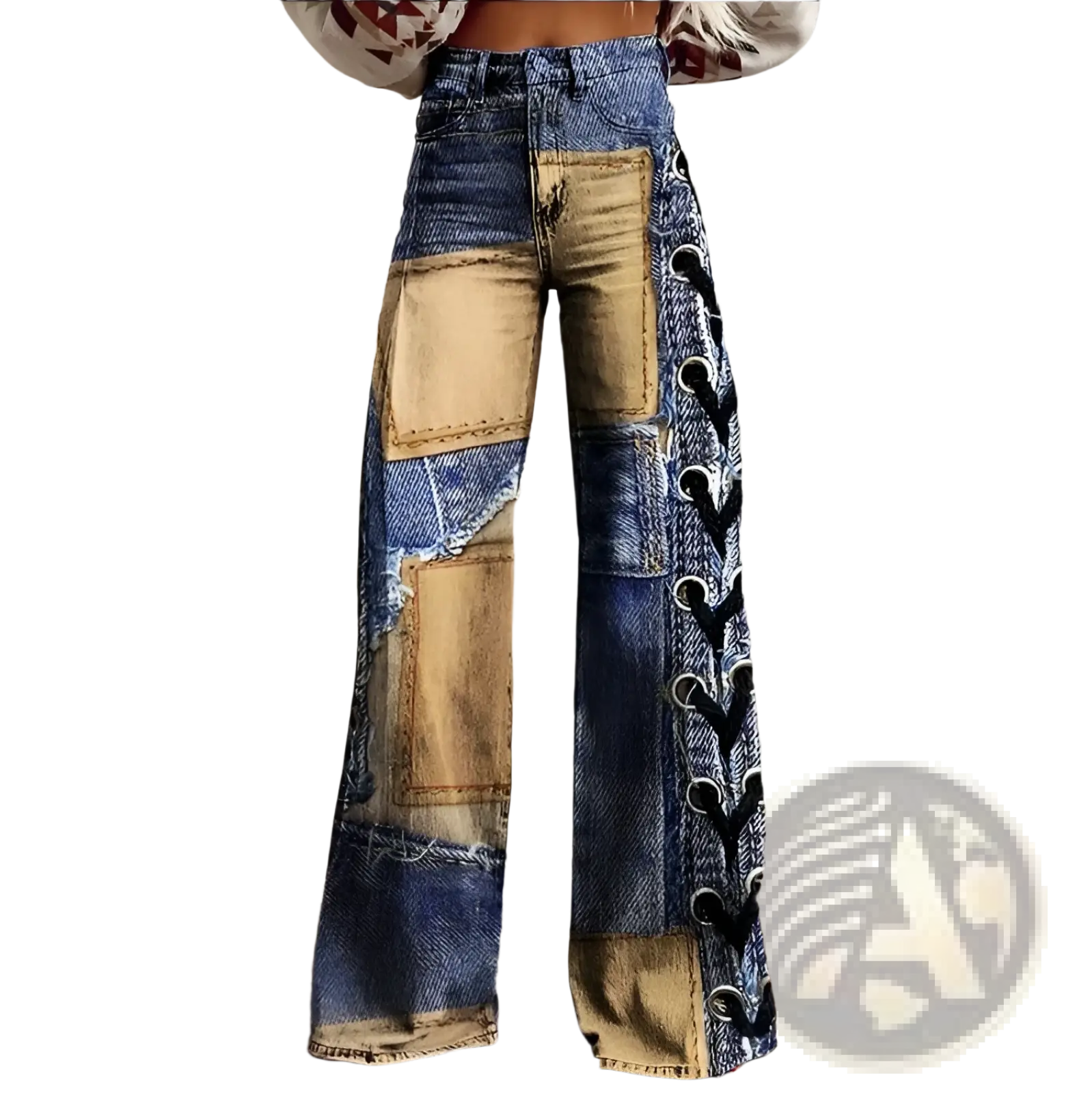 Patchwork wide leg denim pants with varying blue and beige shades and black lace up detailing on the side