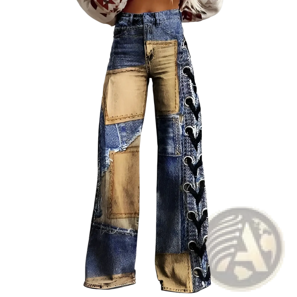 Patchwork wide leg denim pants with distressed blue and tan fabric and black lace up side detailing