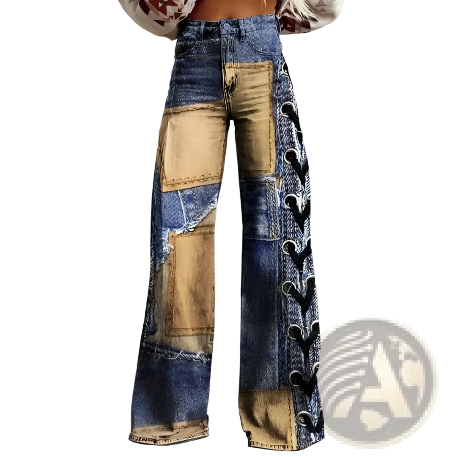 Patchwork wide leg denim pants with distressed blue and tan fabric and black lace up side detailing