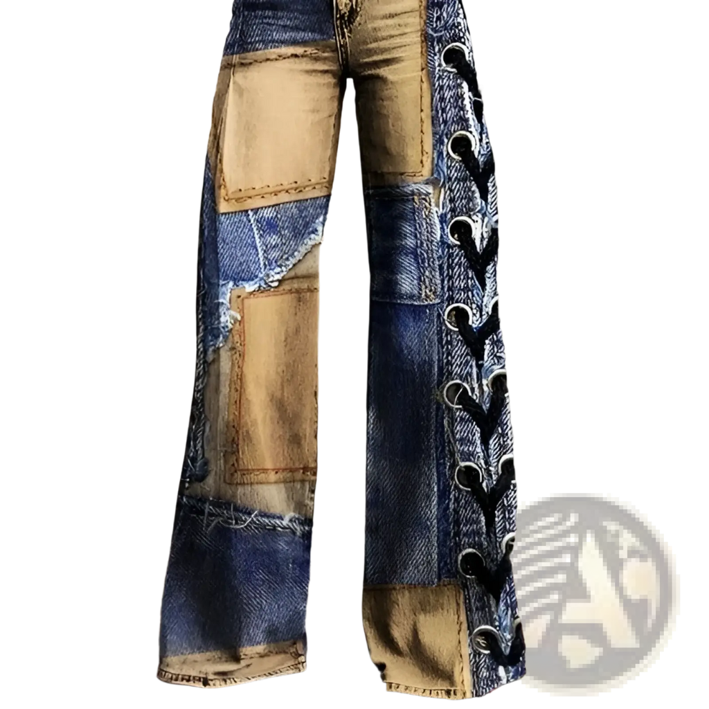 Patchwork wide leg denim pants with distressed vintage look and blue and tan fabric panels in contrasting patchwork