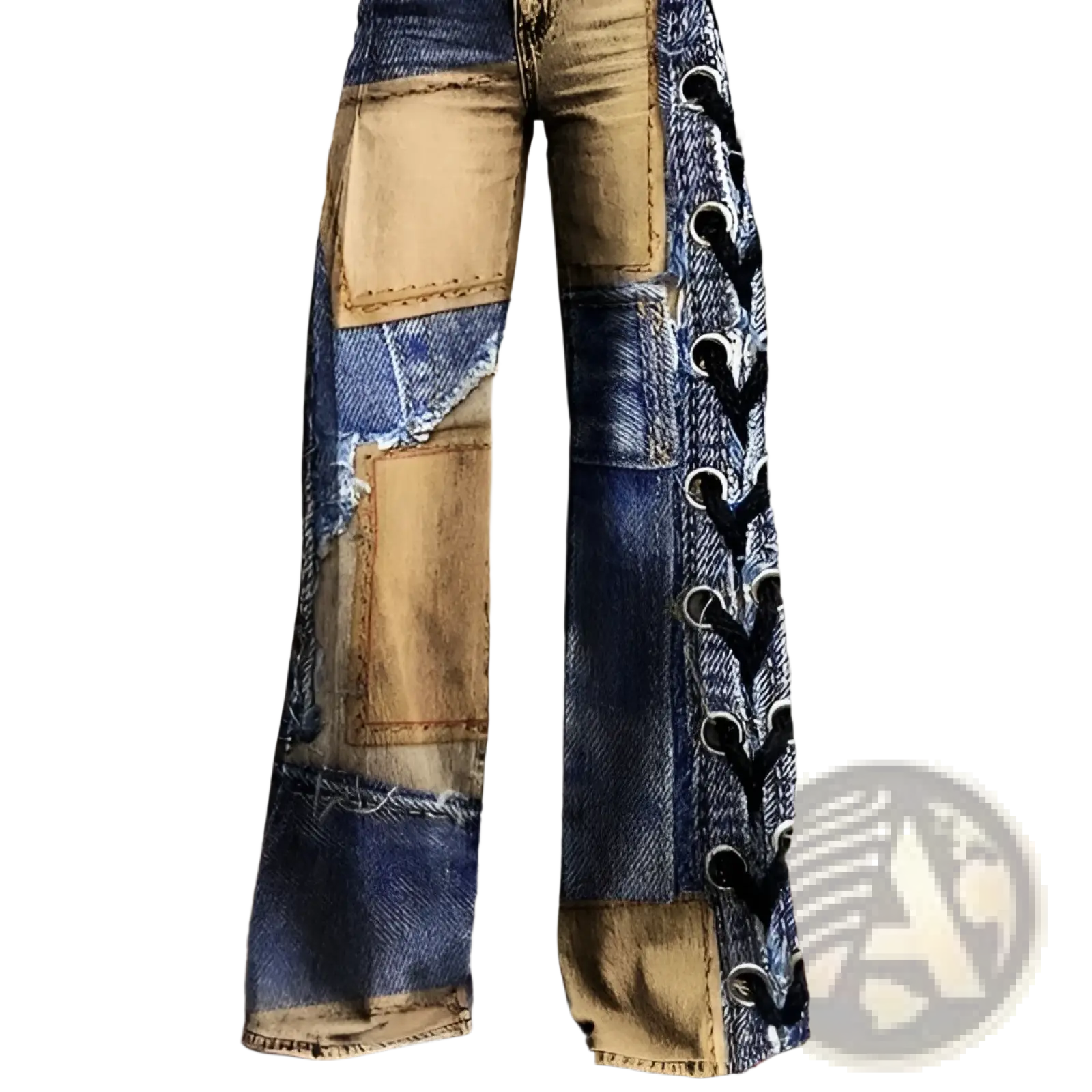 Patchwork wide leg denim pants with distressed vintage look and blue and tan fabric panels in contrasting patchwork