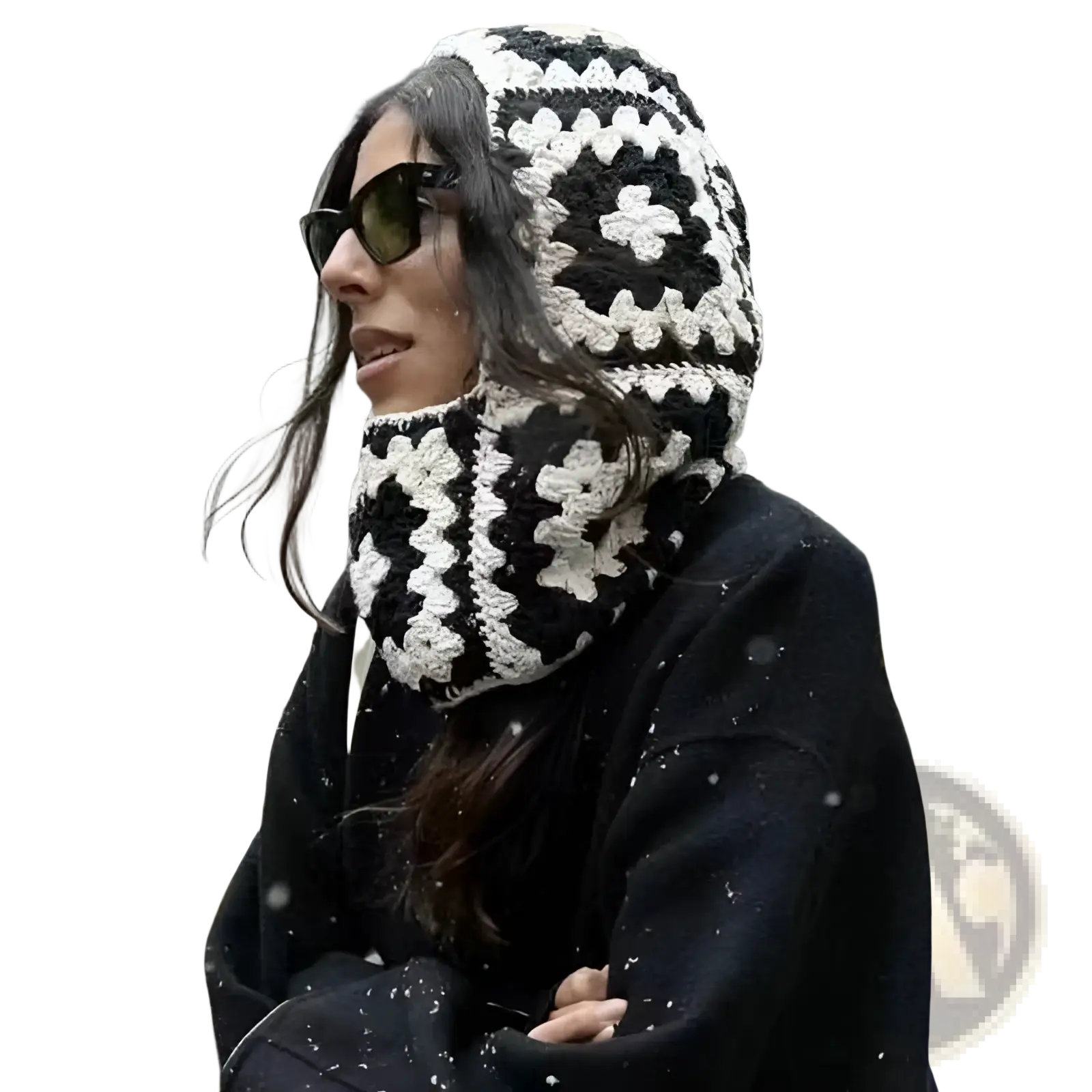 Black and white crocheted wool hooded scarf with floral patterns from patchwork wool hooded beanie scarf set