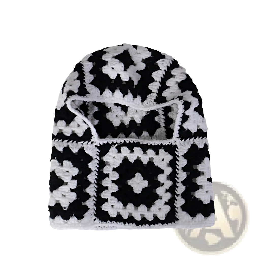Black and white crocheted wool beanie with square patchwork design from patchwork wool hooded beanie scarf set