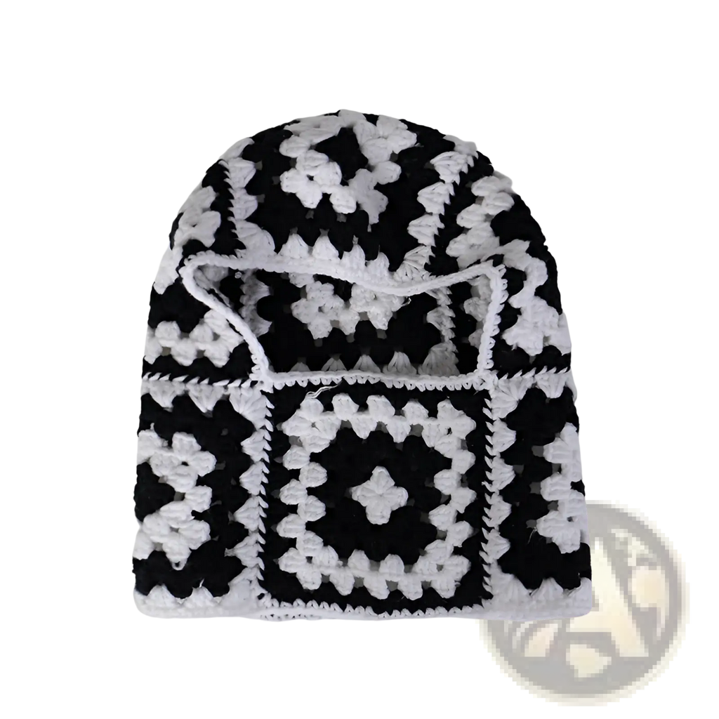 Black and white crocheted wool beanie with geometric granny square pattern from the patchwork hooded beanie scarf set