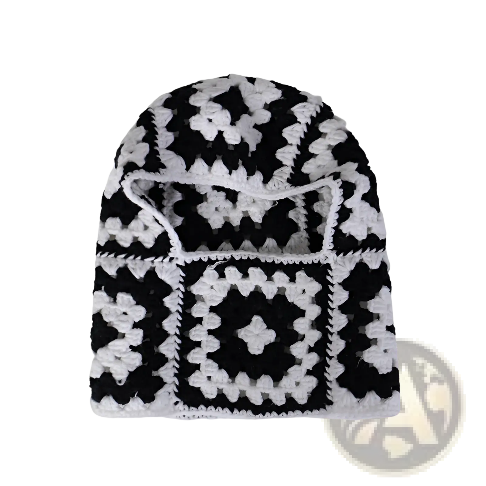 Black and white crocheted wool beanie with geometric granny square pattern from the patchwork hooded beanie scarf set