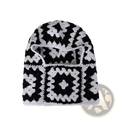 Black and white crocheted wool beanie with square patchwork design from the patchwork wool hooded beanie scarf set