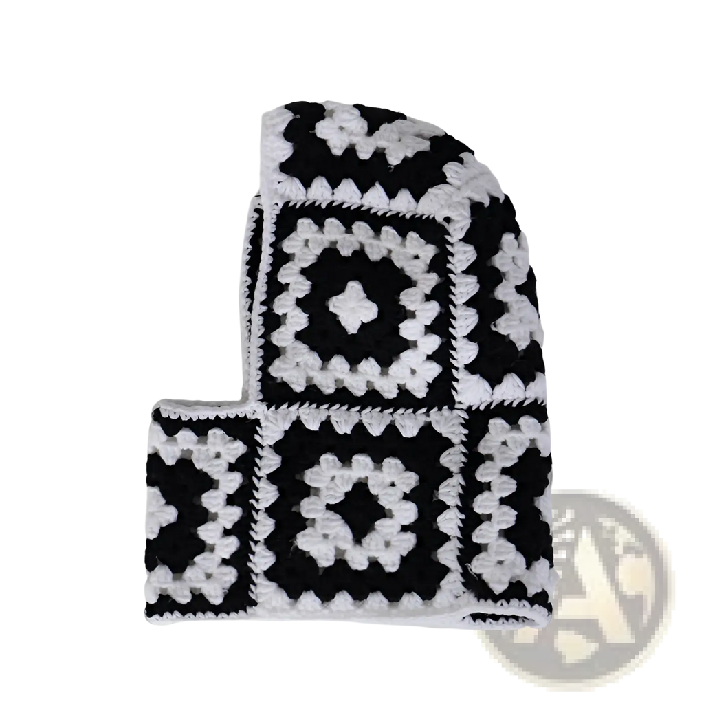 Black and white crocheted chunky wool granny square beanie from patchwork wool hooded beanie scarf set