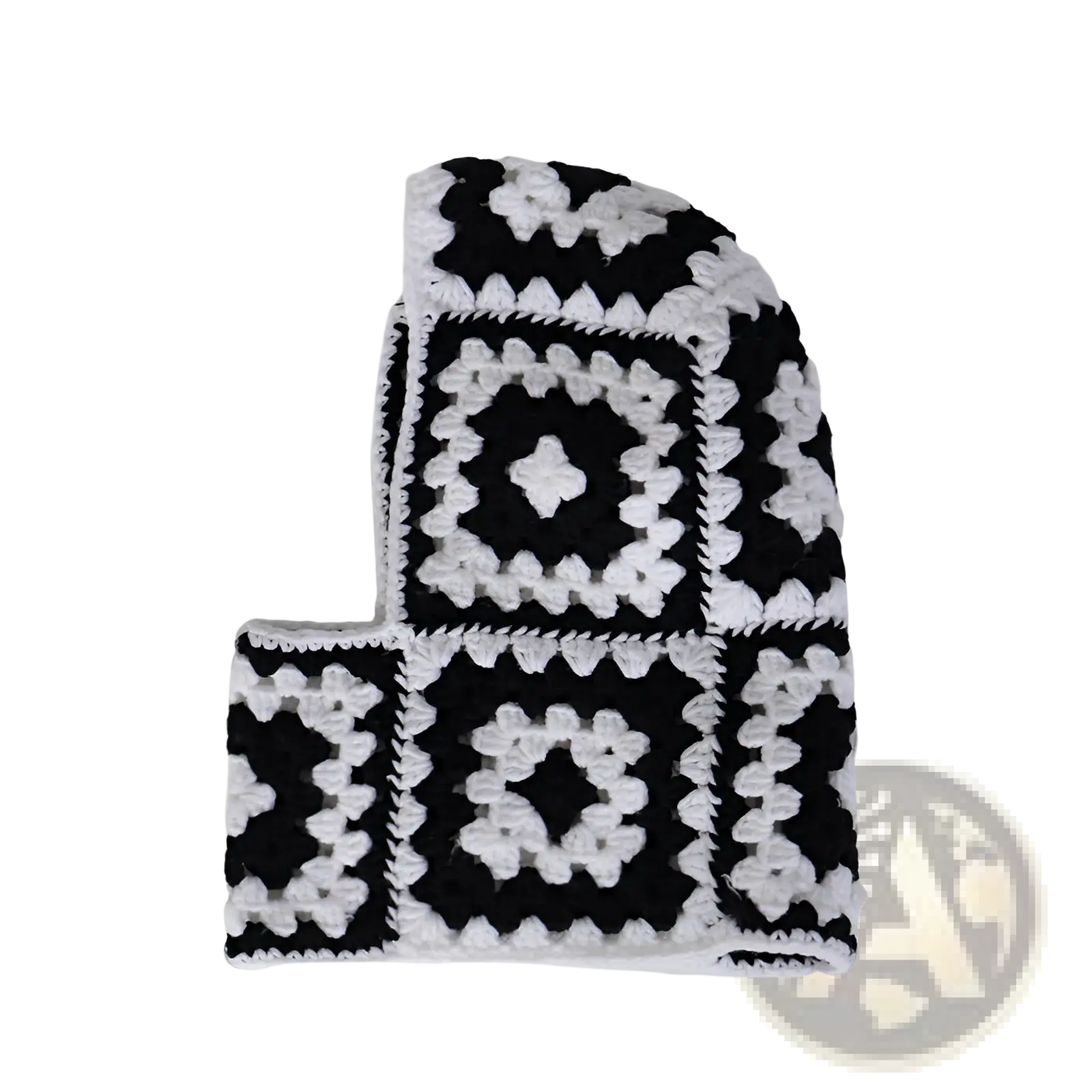 Black and white crocheted chunky wool granny square beanie from patchwork wool hooded beanie scarf set
