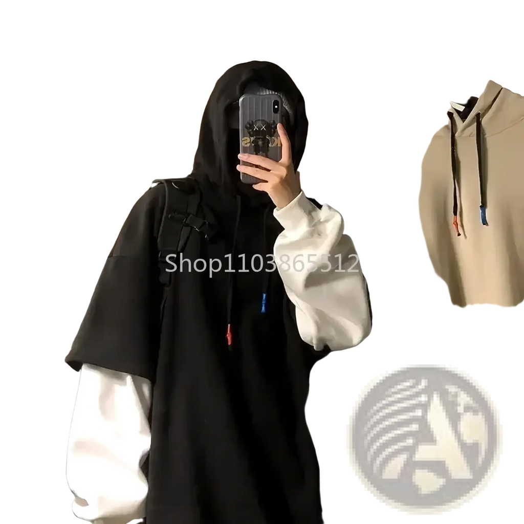 Black hooded sweatshirt with white long sleeves and drawstring hood in a casual patchwork zip men streetwear hoodie
