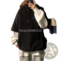 Black and white two-tone patchwork zip men hoodie with contrasting sleeves drawstring hood and relaxed fit for casual wear