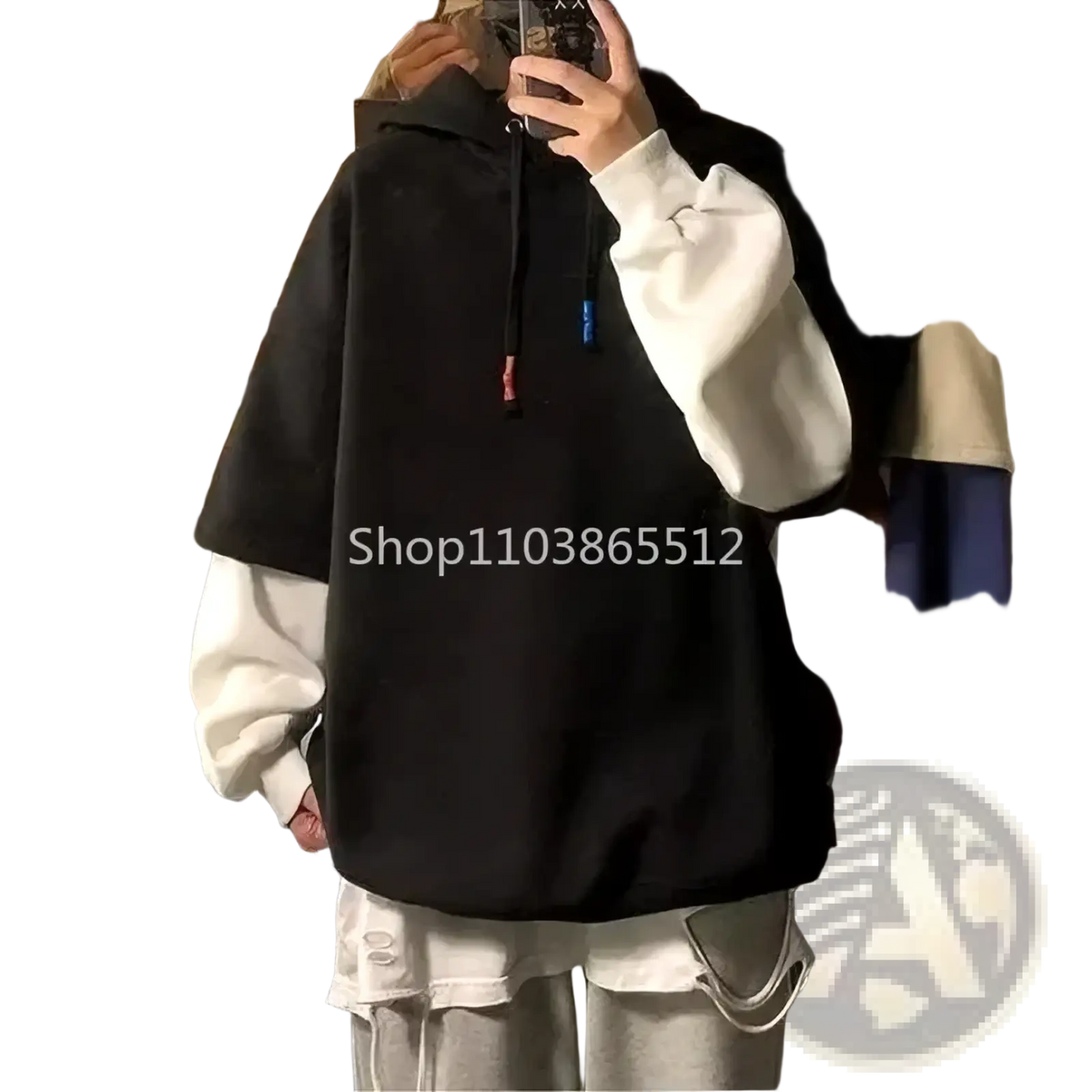 Black and white two-tone patchwork zip men hoodie with contrasting sleeves drawstring hood and relaxed fit for casual wear